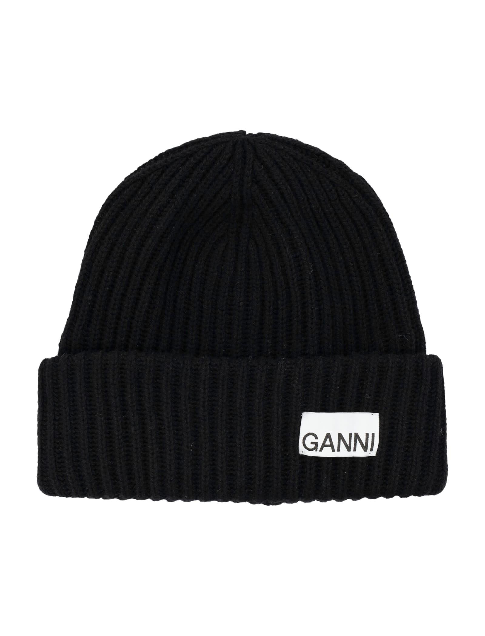 ganni ribbed wool logo beanie
