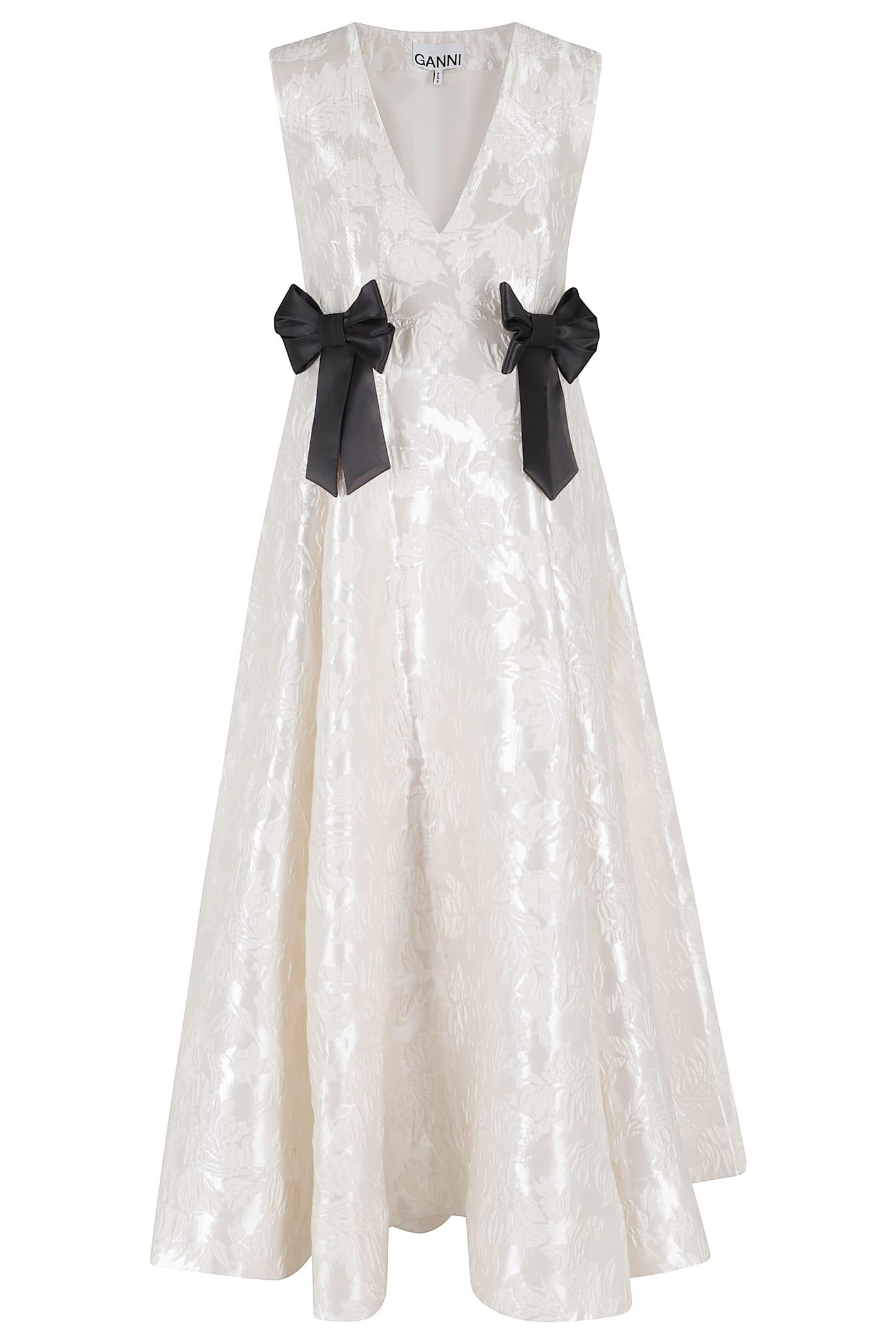 ganni satin cloque v neck long dress