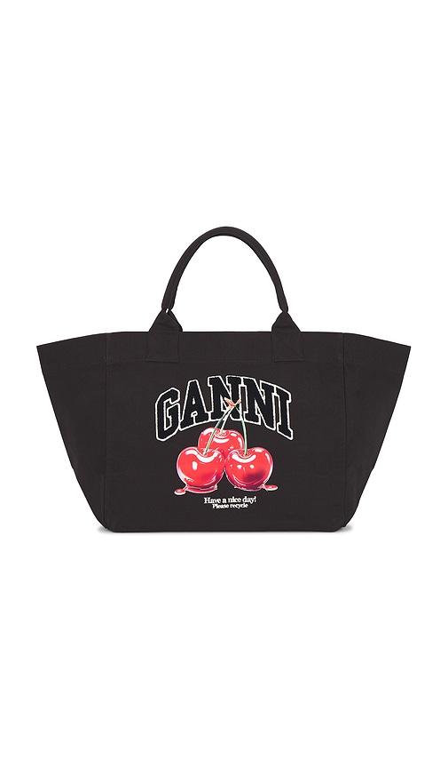 ganni shopper xxl cherry printed tote in black.