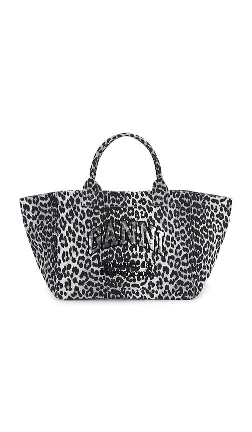 ganni shopper xxl printed sequin tote in black,grey.