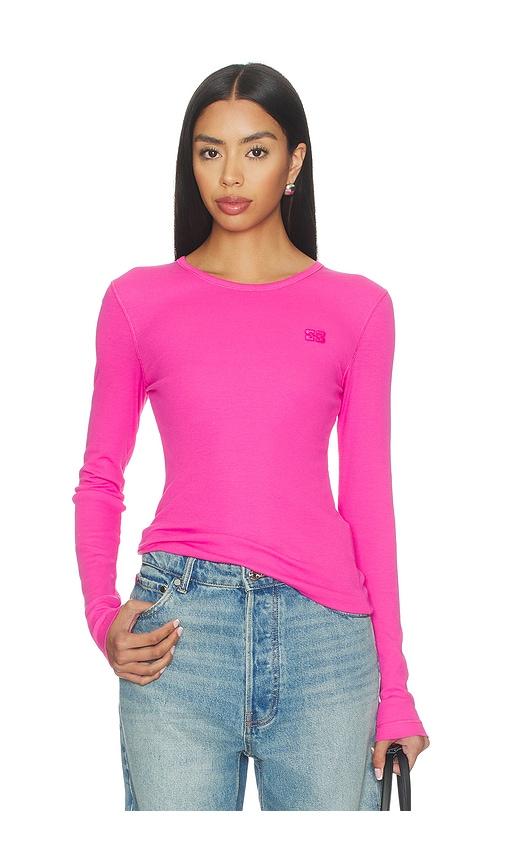 ganni soft cotton rib long sleeve top in pink.