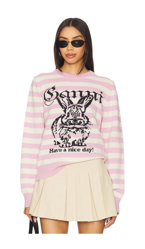 ganni striped bunny graphic sweater in pink,ivory.
