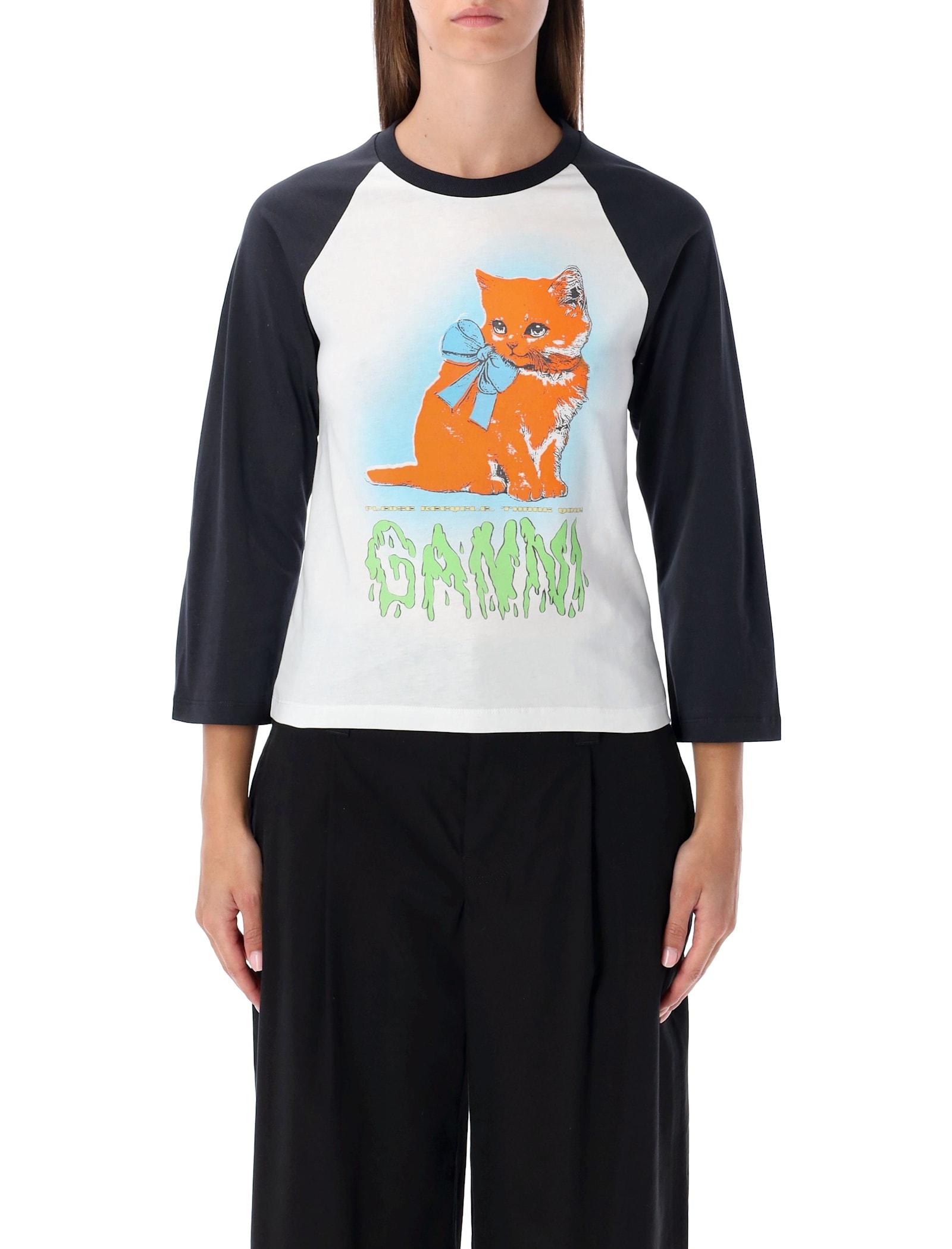 ganni white cropped kitty 3/4 sleeve t-shirt