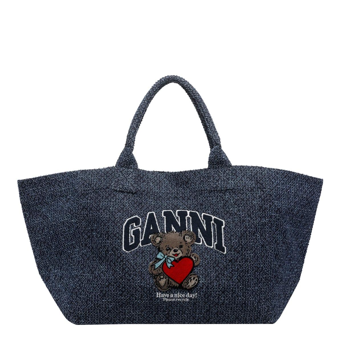 ganni xxl bear tweed denim shopper bag
