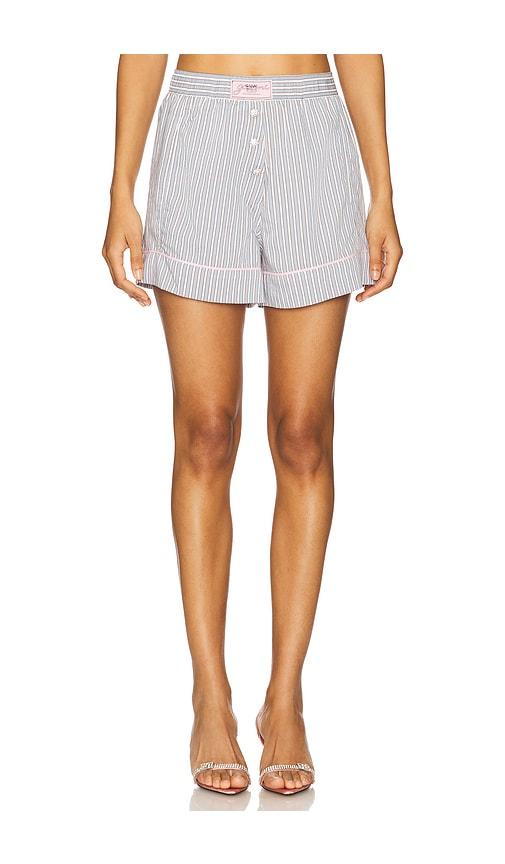 ganni yarn dyed stripe elasticated shorts in baby blue.