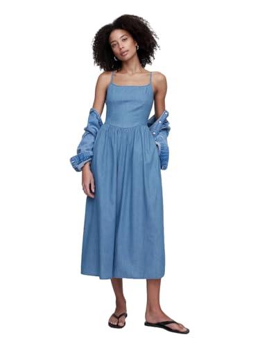 gap womens dipped waist denim midi dress light wash l petite