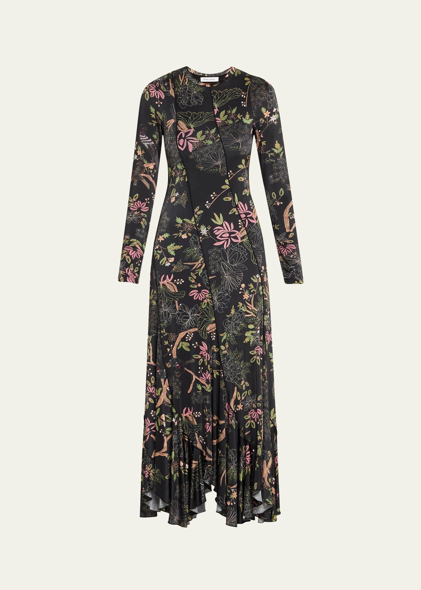 garden print diagonal seamed dress