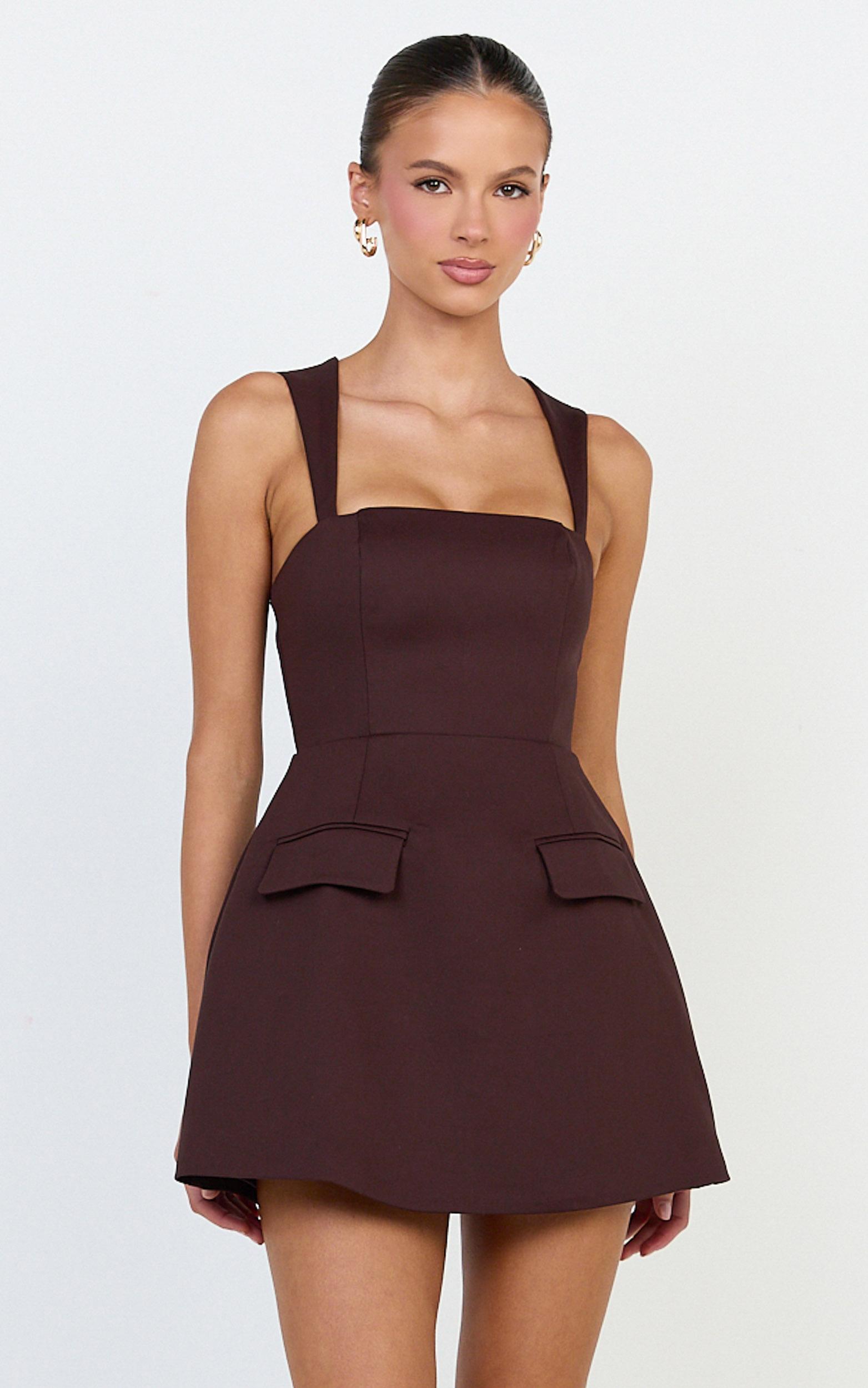 garrett mini dress - square neck fit and flare dress in dark chocolate