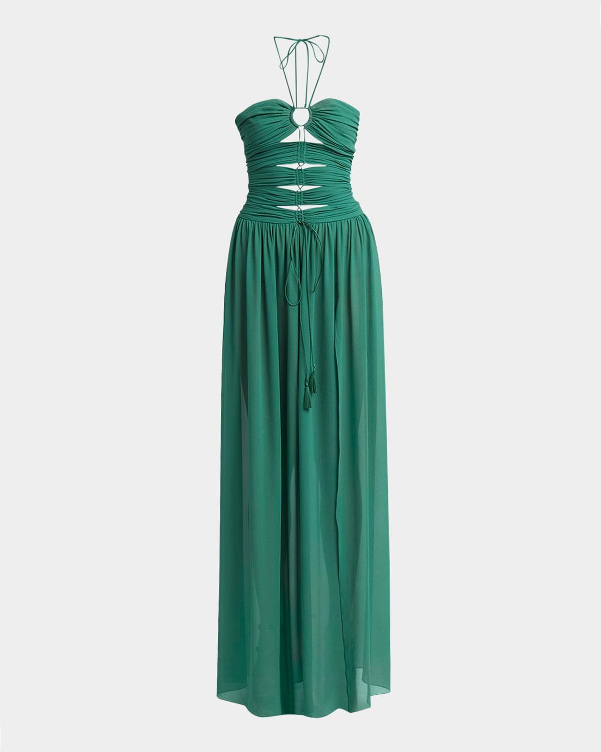 gathered cutouts halter silk georgette evening dress