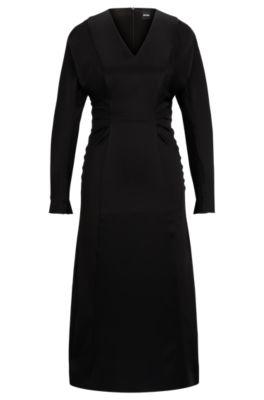 gathered-detail regular-fit dress in soft satin- black women's business dresses
