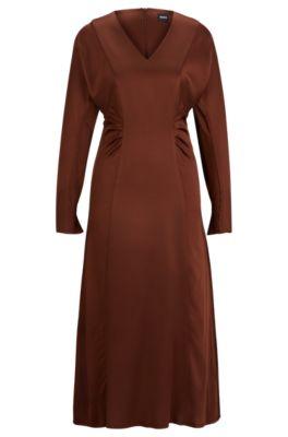 gathered-detail regular-fit dress in soft satin- brown women's business dresses