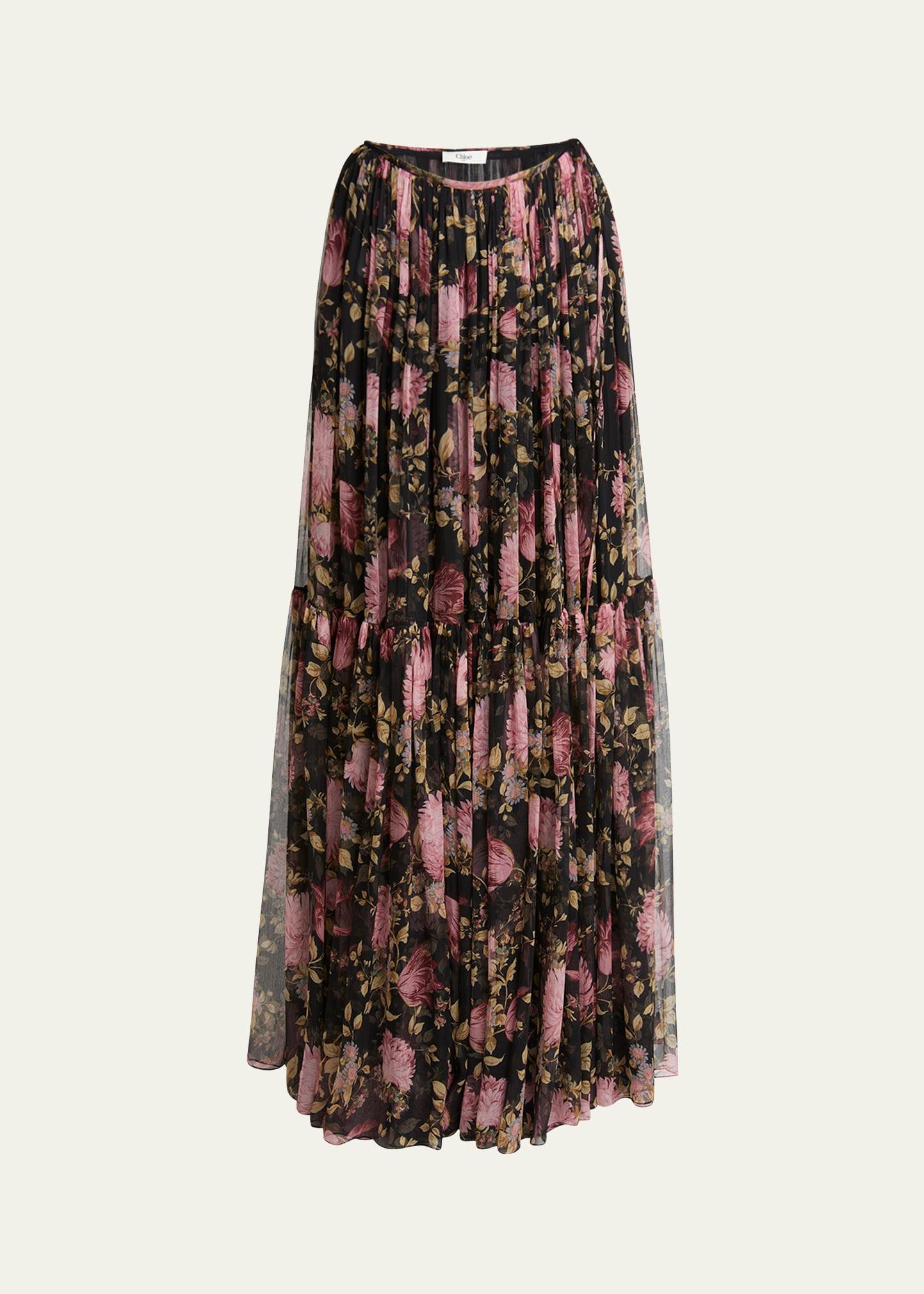 gathered floral georgette maxi skirt
