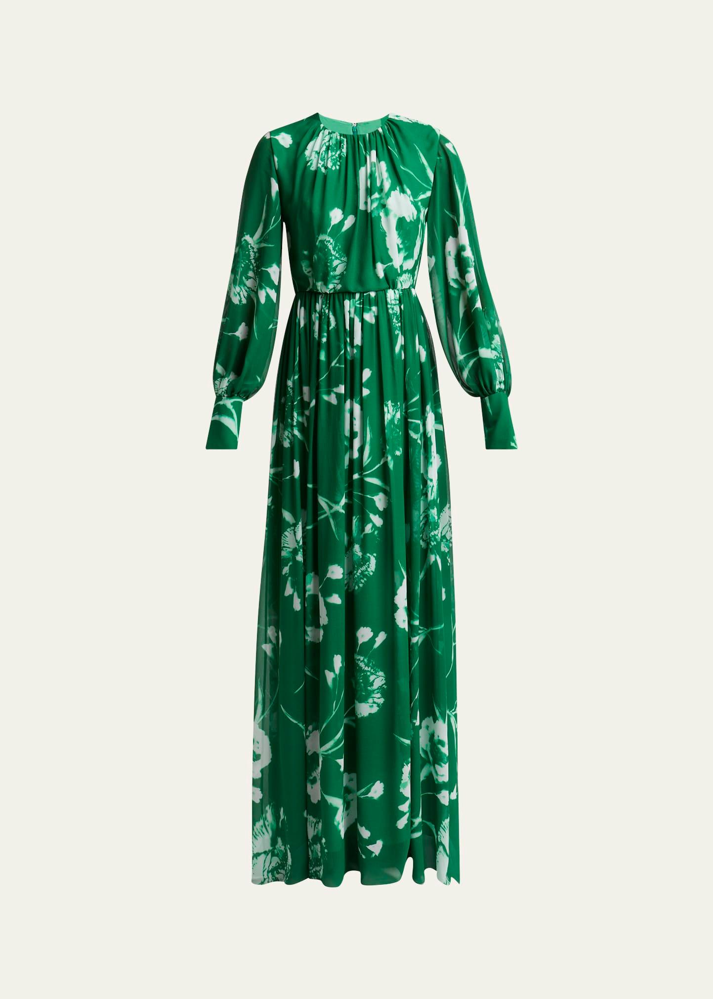 gathered floral long sleeve silk gown