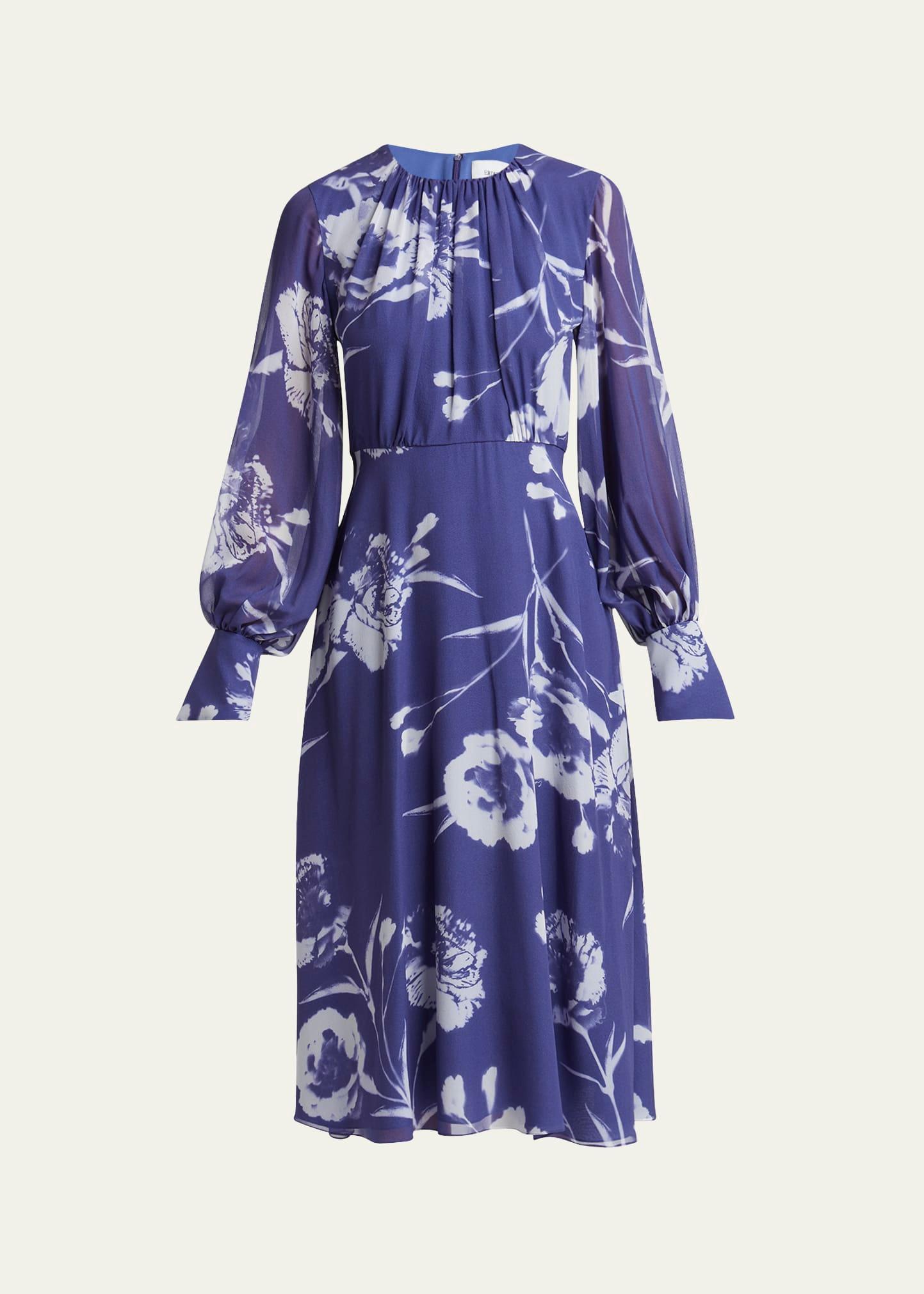 gathered floral long sleeve silk midi dress