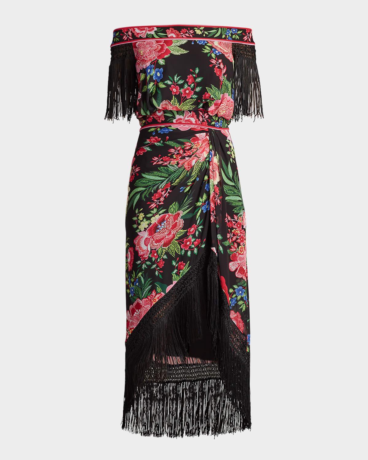 gathered floral-print fringe midi dress