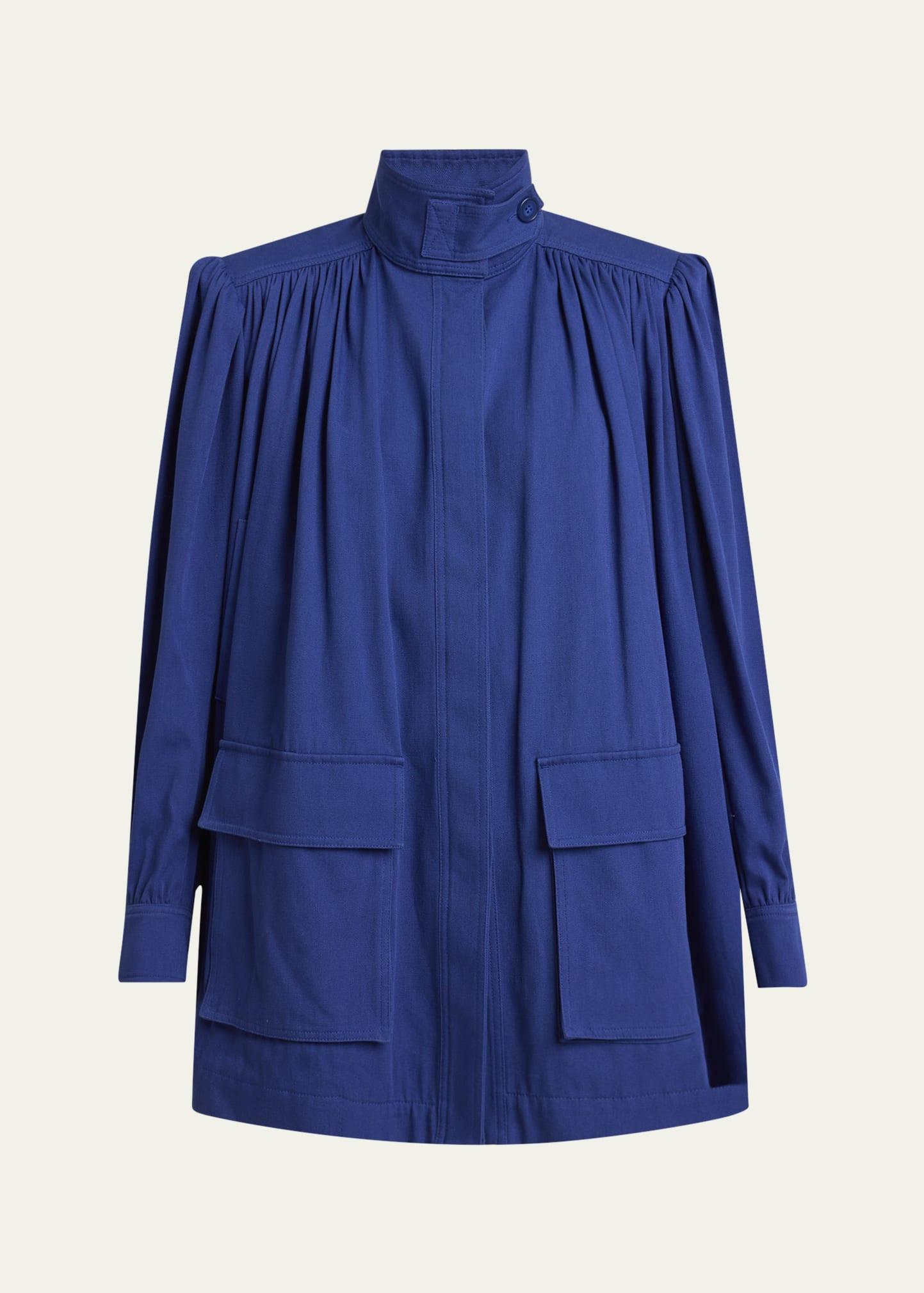 gathered high neck utilitarian canvas jacket