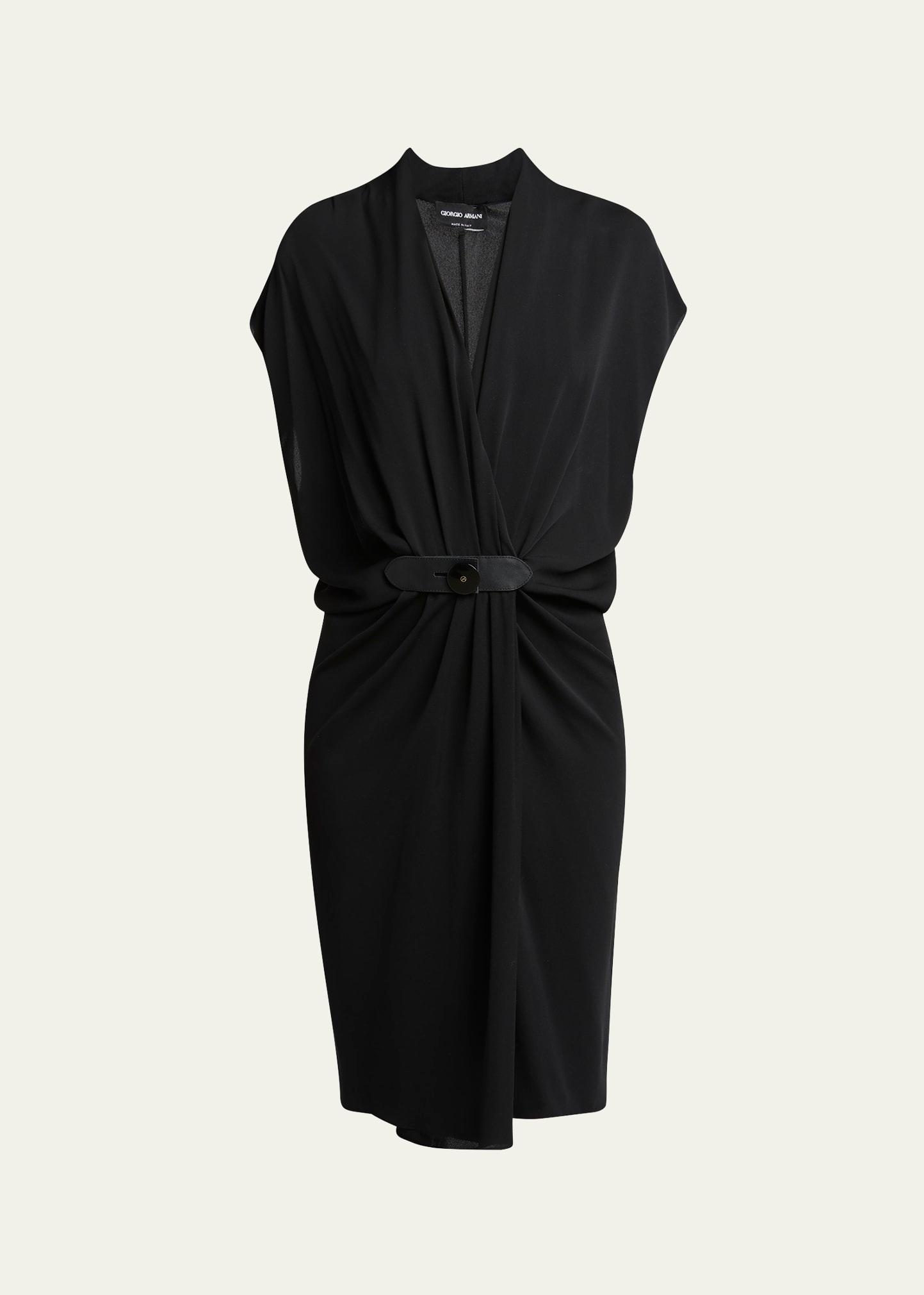 gathered leather buckle silk dress