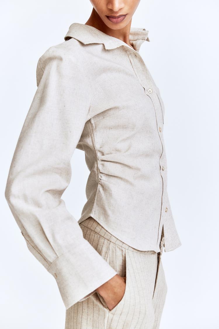gathered linen-blend shirt