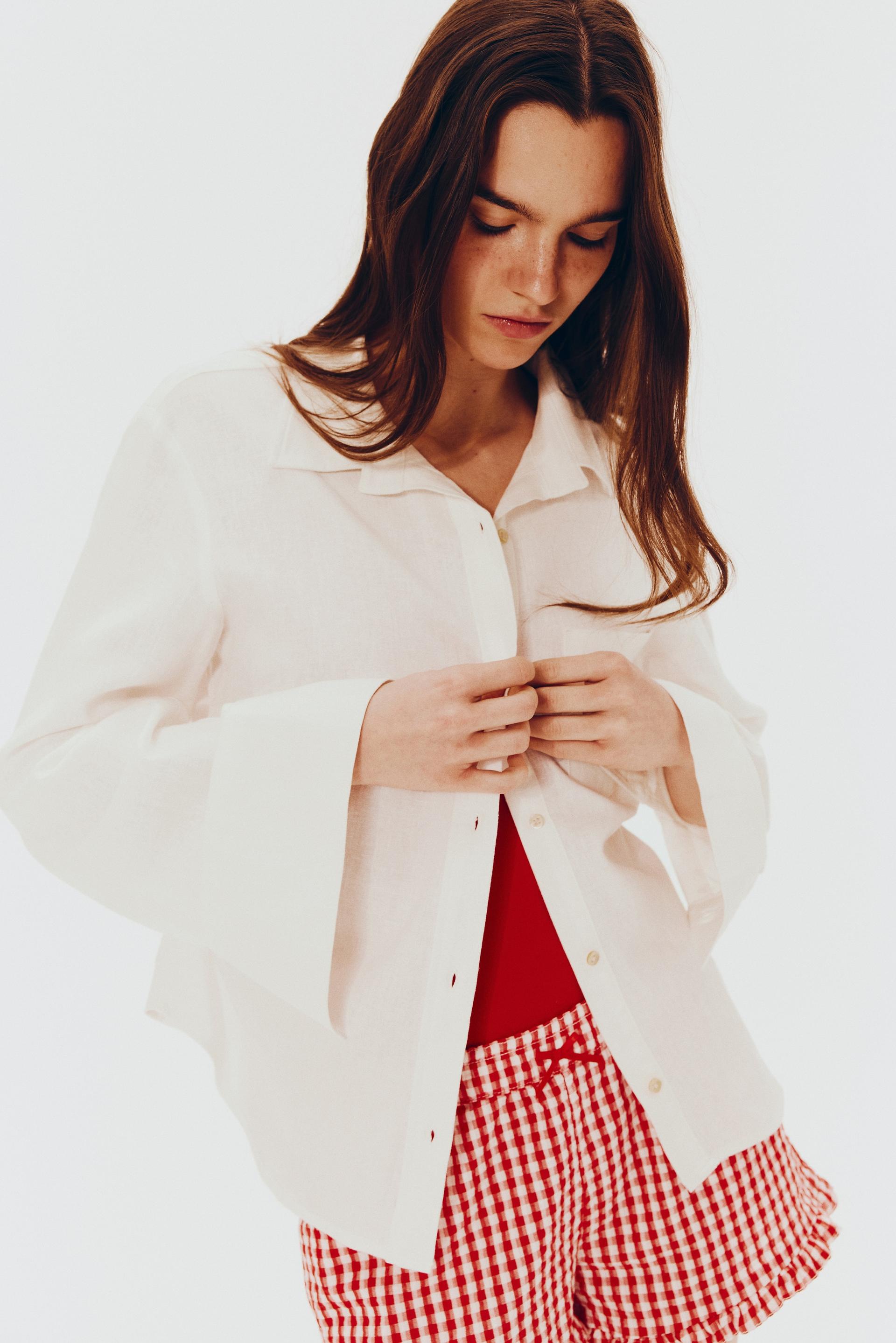 gathered linen-blend shirt