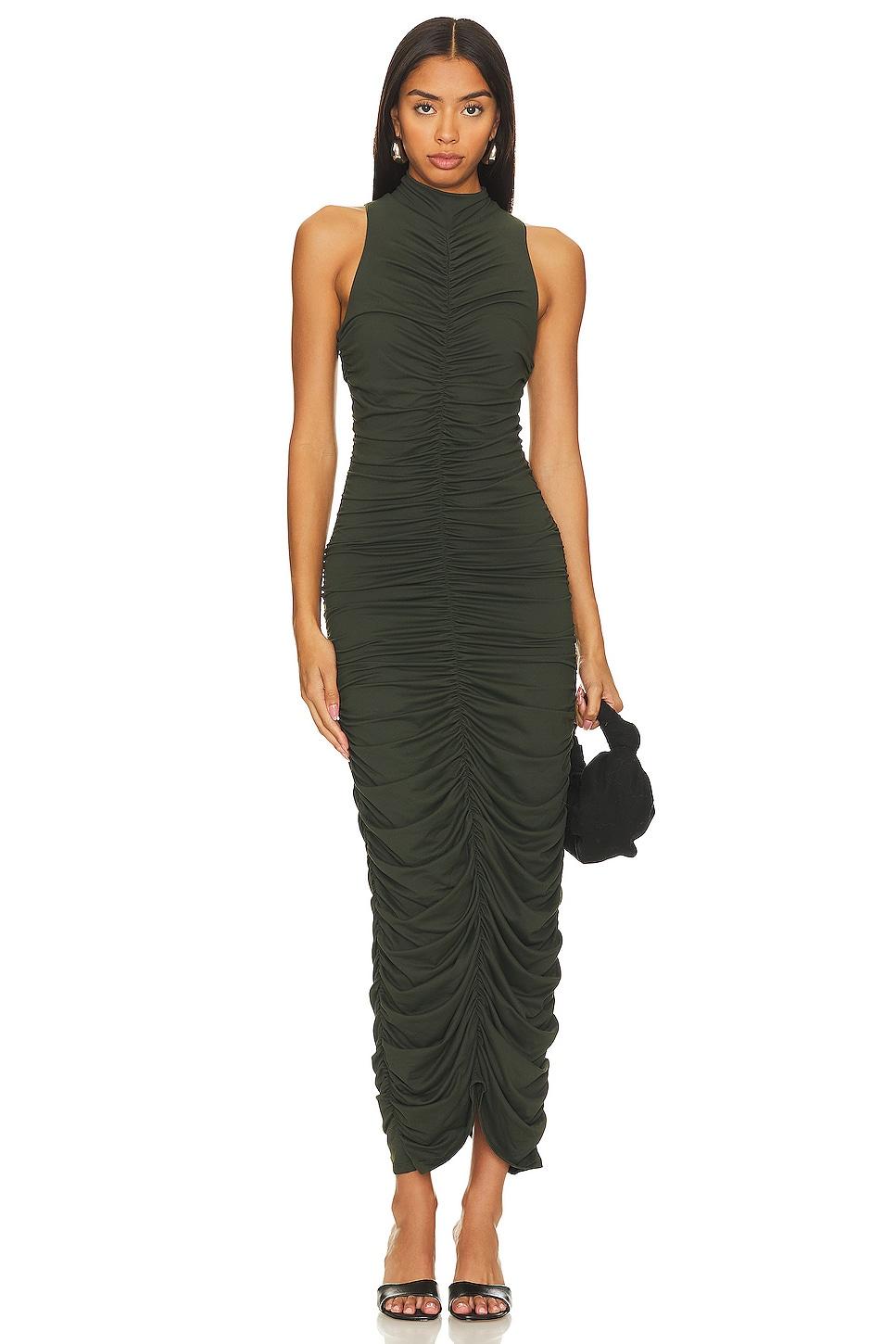 gathered mock neck midi dress