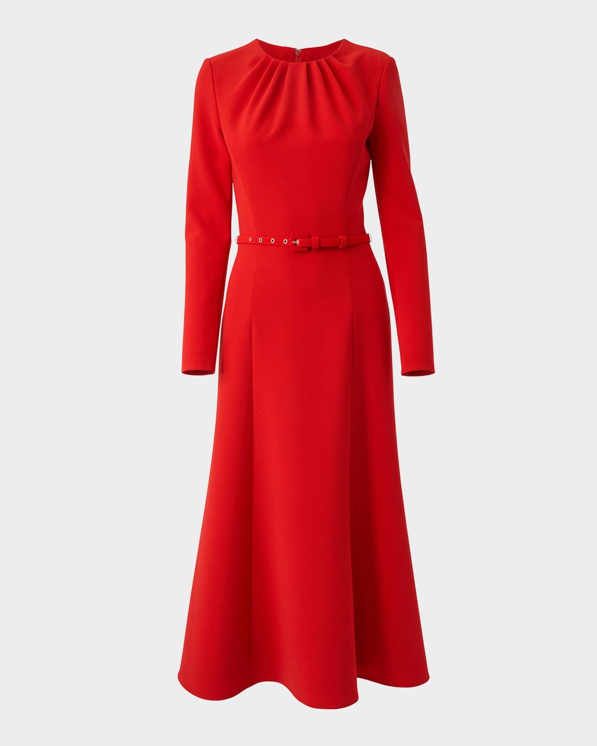 gathered neck belted long-sleeve midi dress