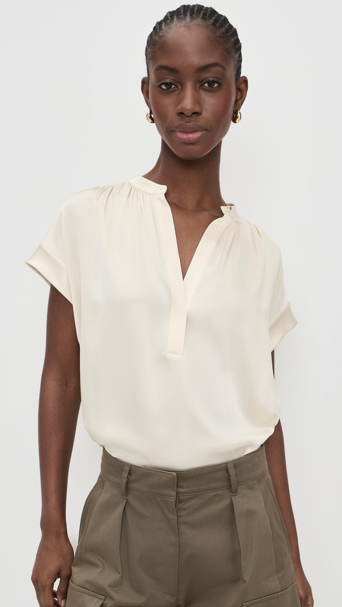 gathered neck cap sleeve silk blouse