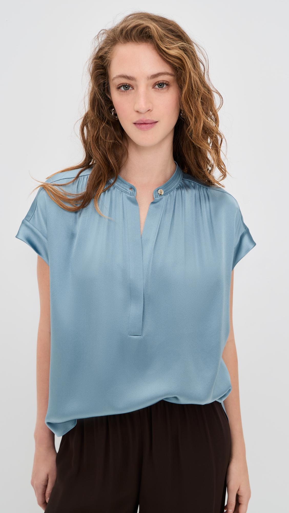 gathered neck cap sleeve silk blouse