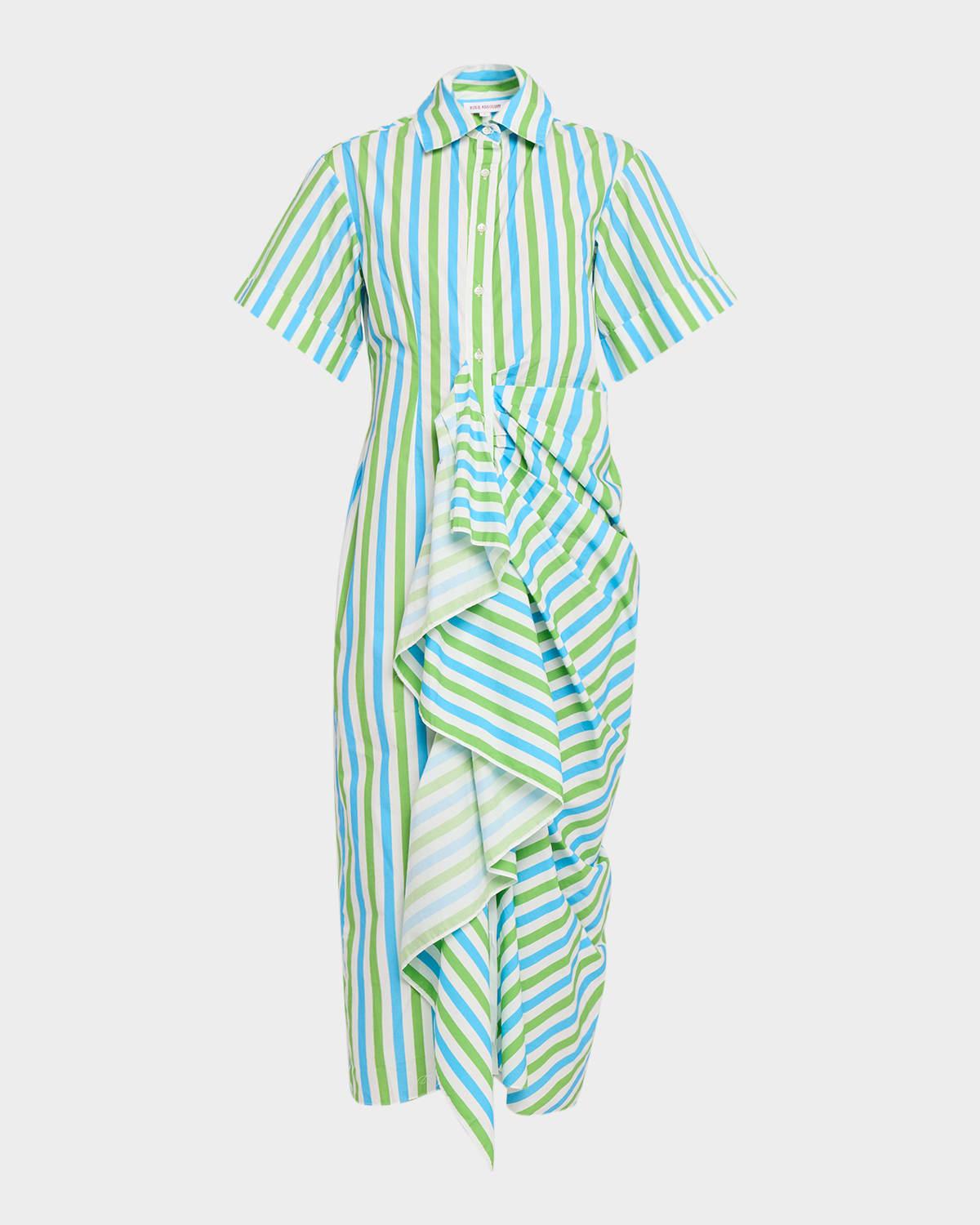 gathered ruffle striped maxi shirtdress