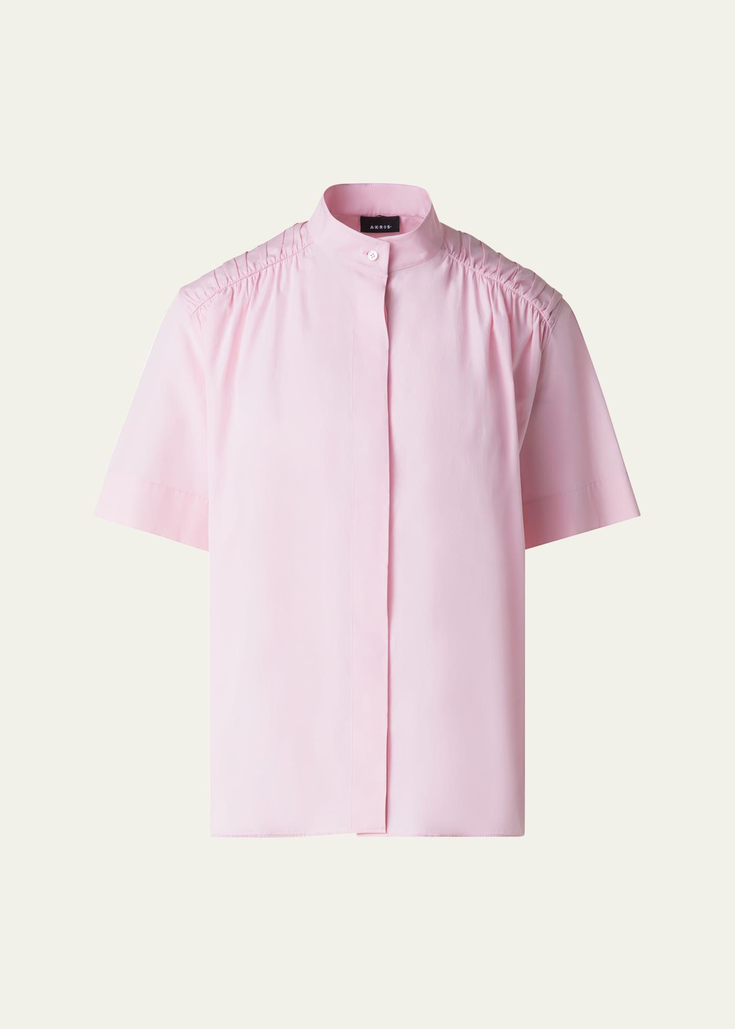 gathered-shoulder cotton poplin button-down blouse