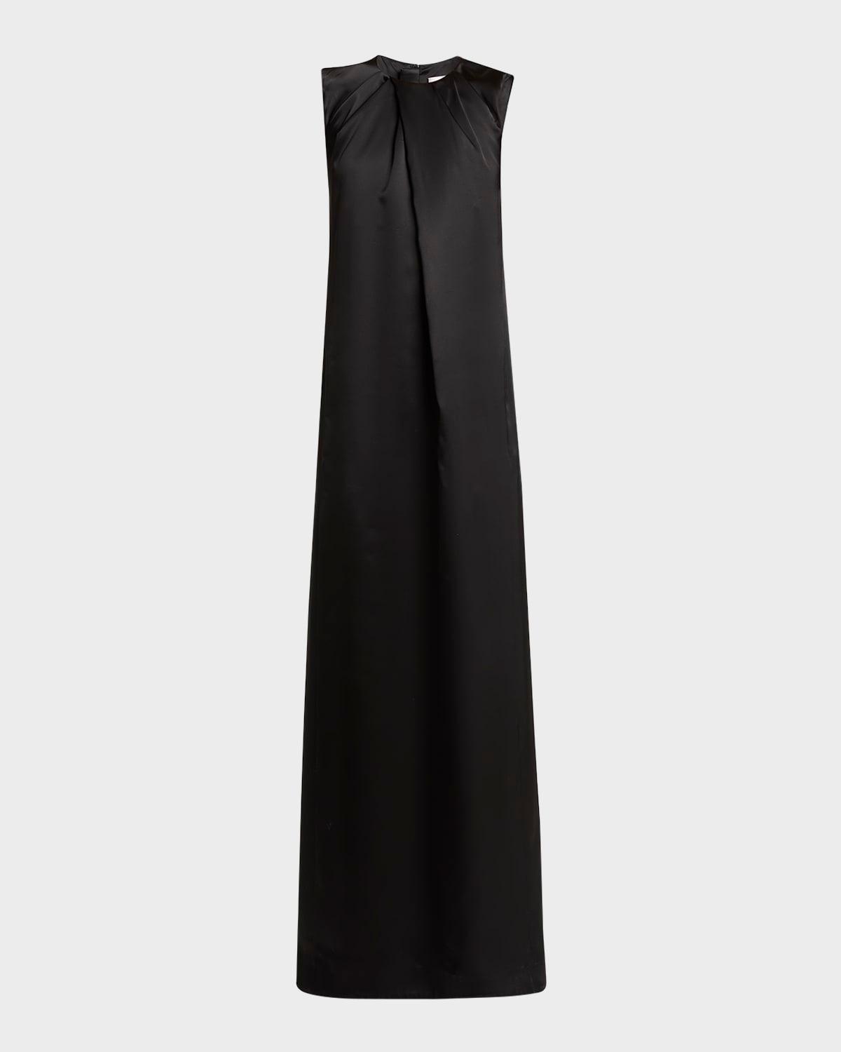 gathered sleeveless satin maxi dress