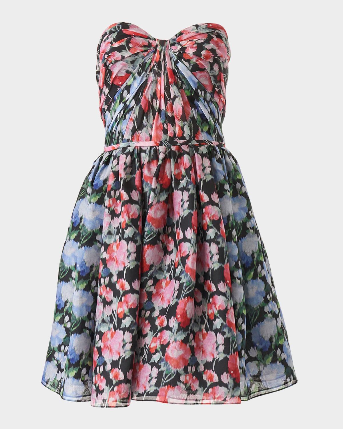 gathered strapless floral mini dress
