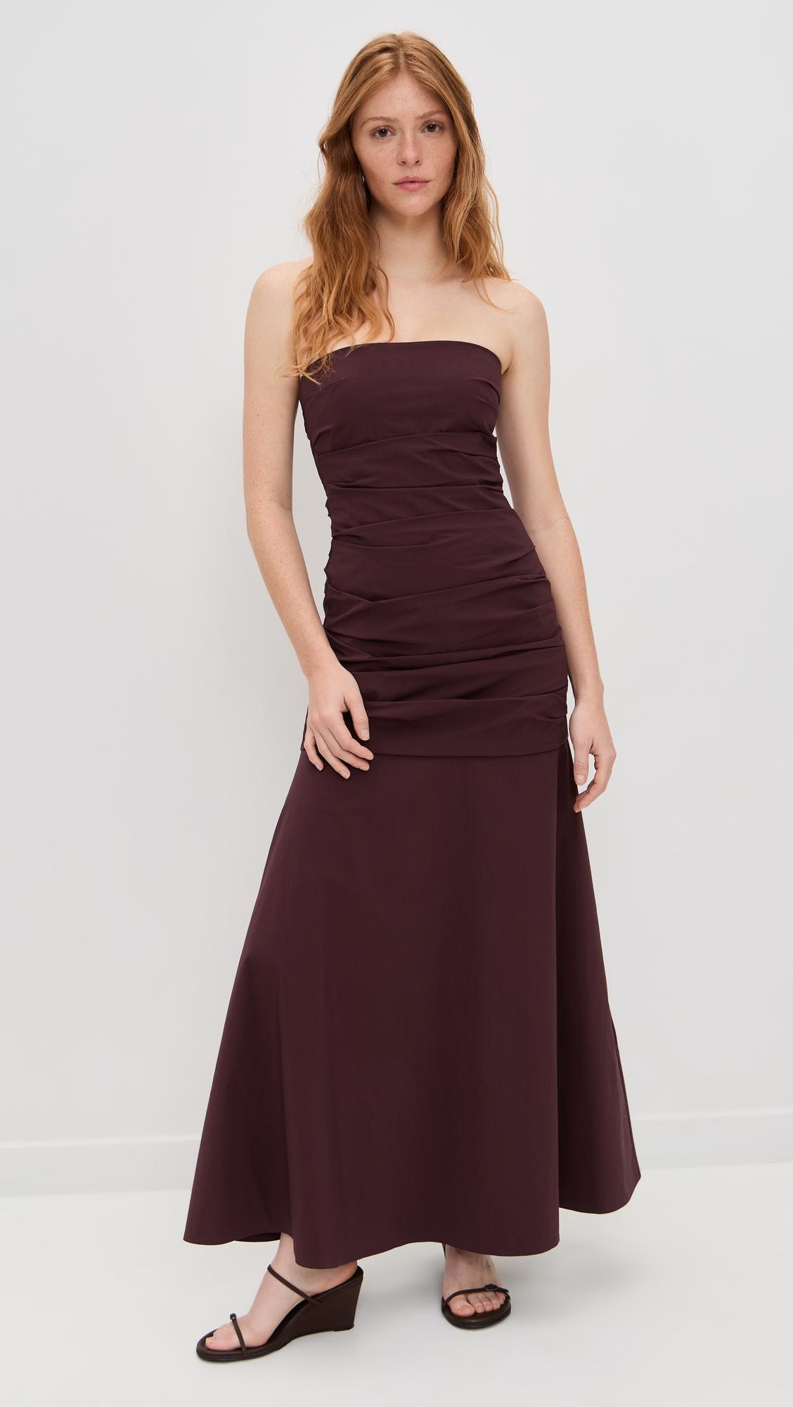 gathered strapless longline dress