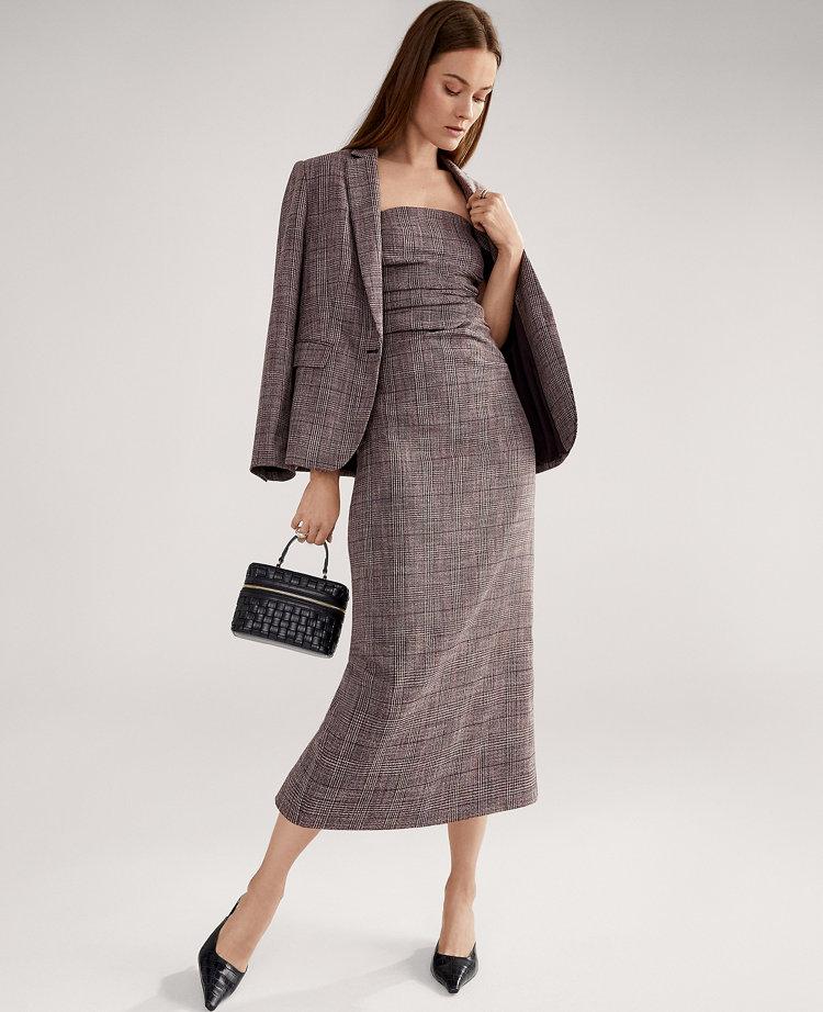 gathered strapless midi dress in plaid