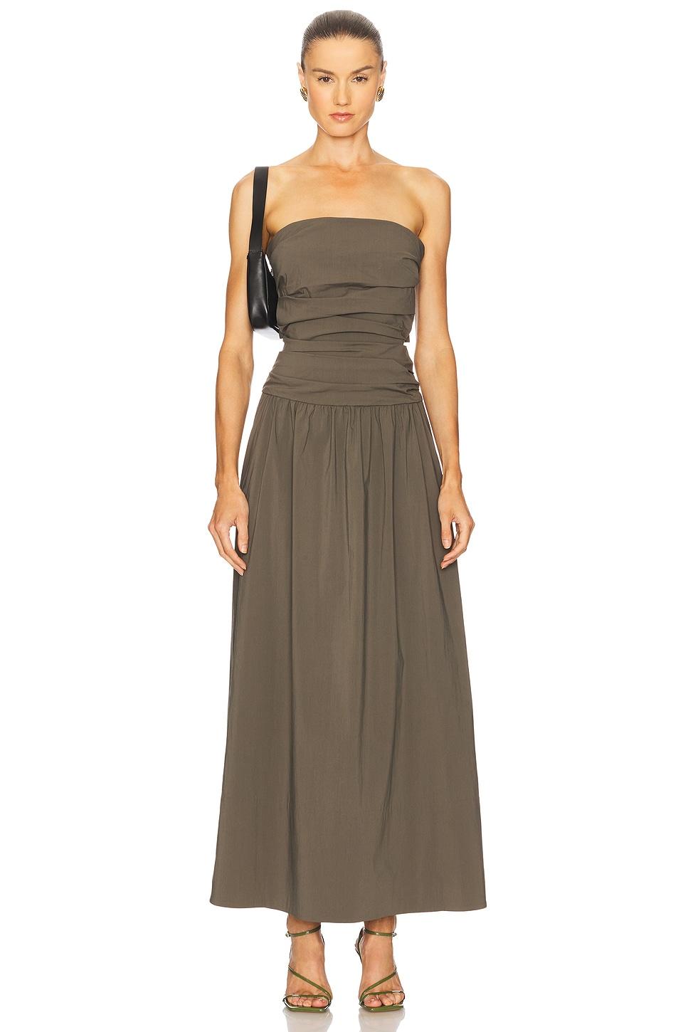 gathered strapless tie back dress