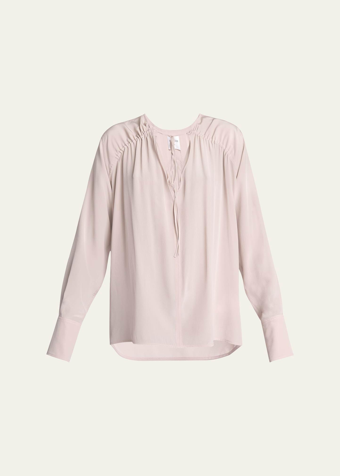 gathered tie long-sleeve silk blouse