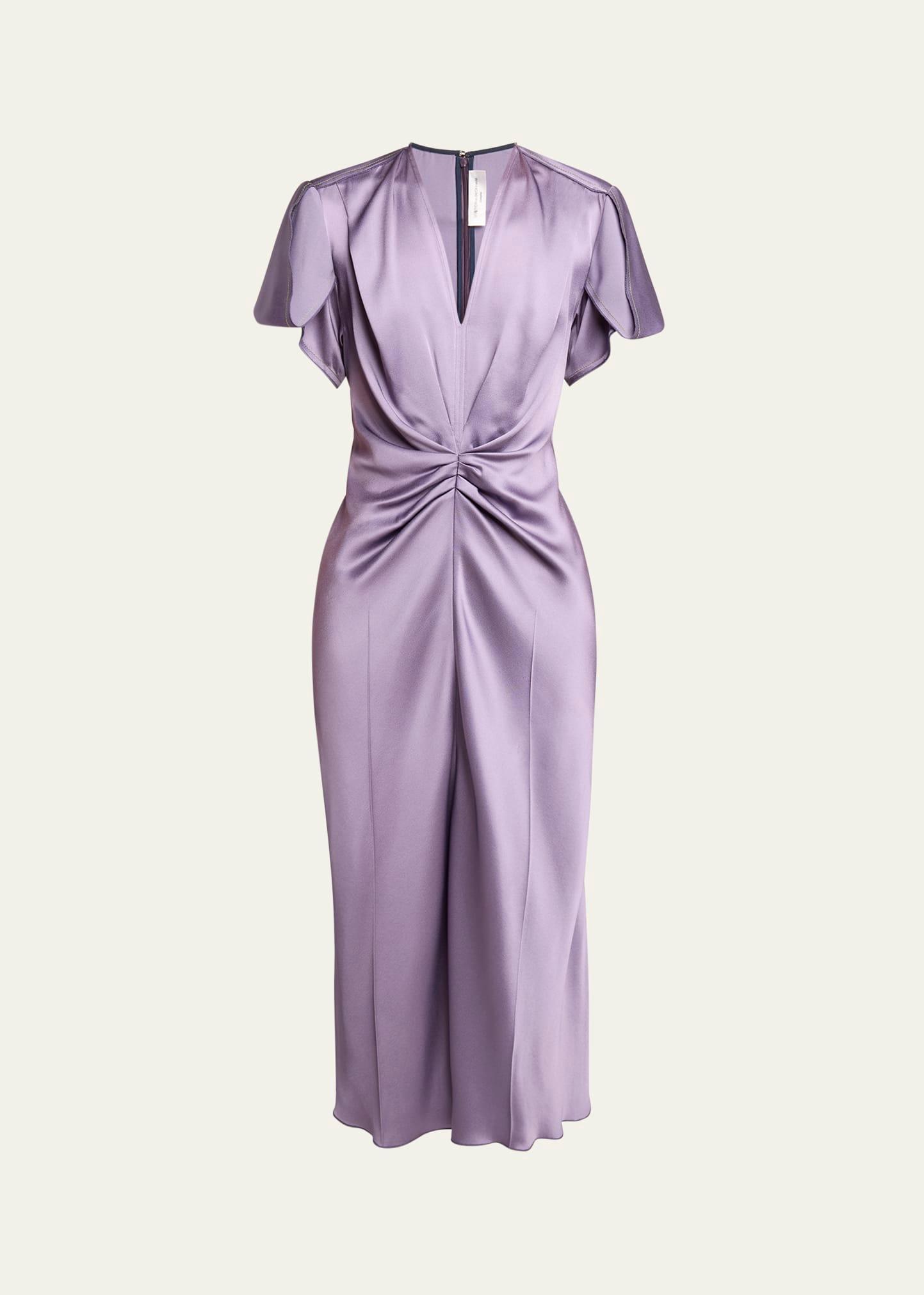 gathered v-neck midi dress