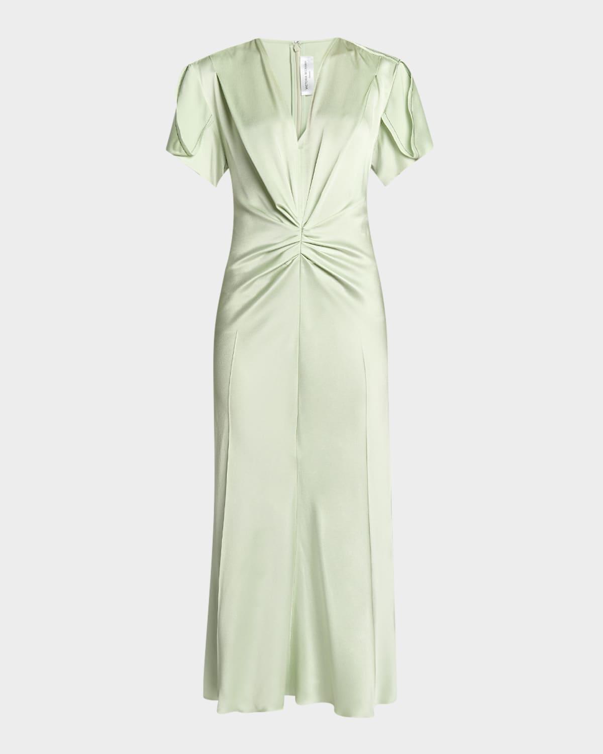 gathered v-neck midi dress