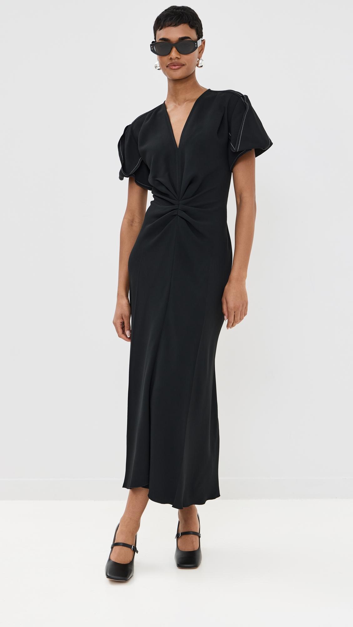gathered v neck midi dress