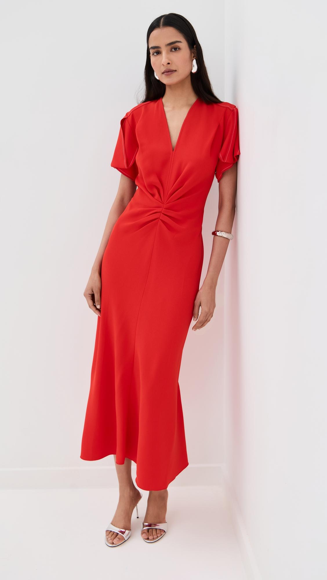 gathered v neck midi dress