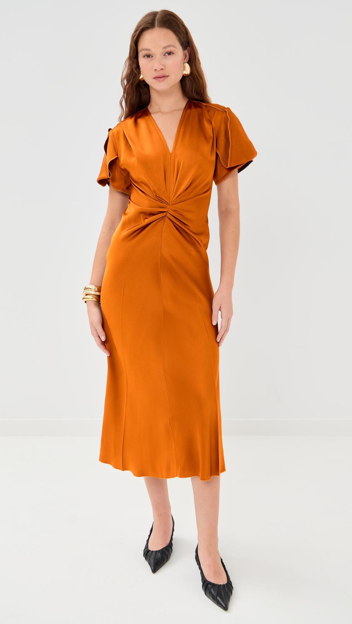 gathered v neck midi dress
