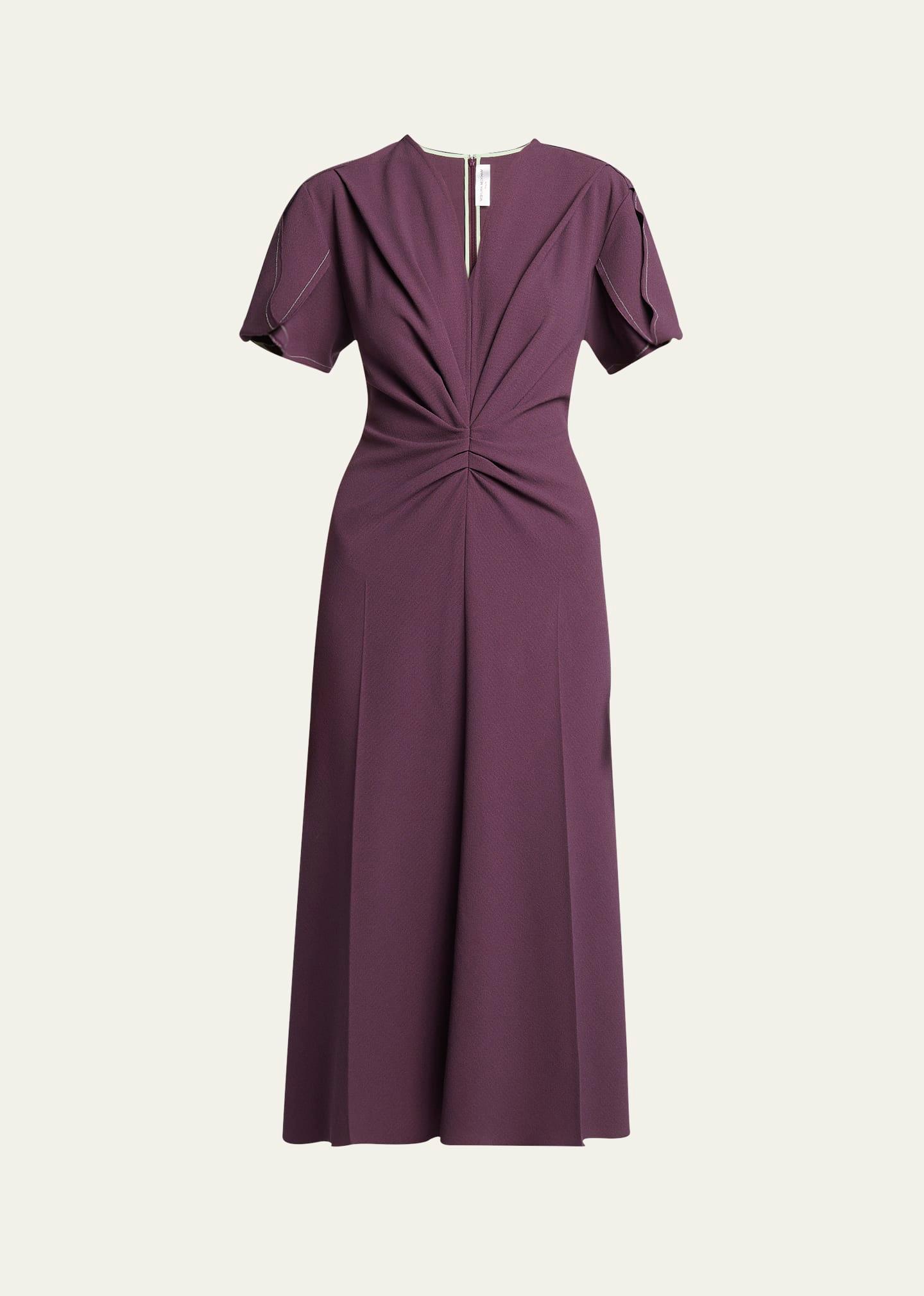 gathered v-neck wool midi dress