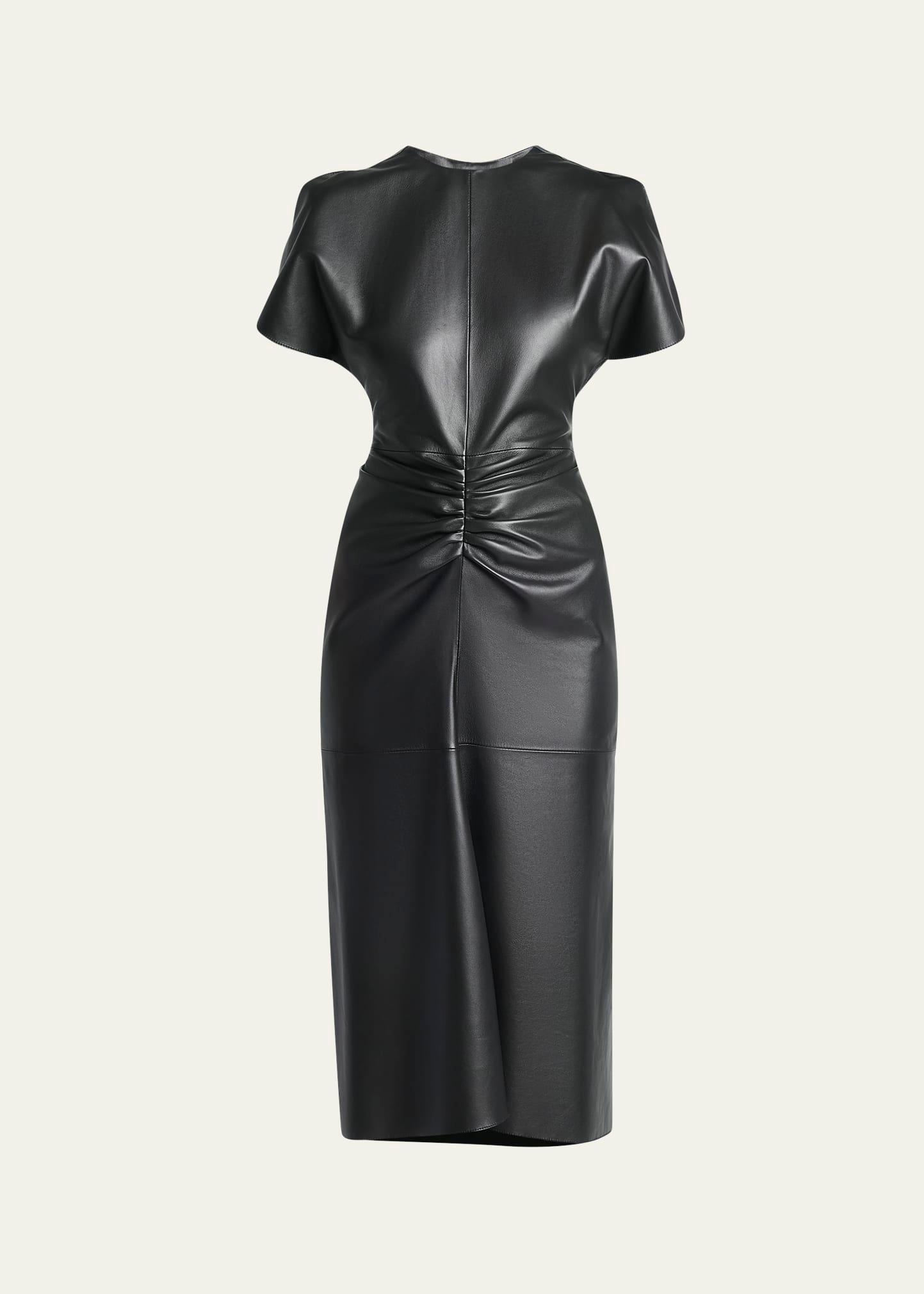 gathered-waist puff-sleeve leather midi dress