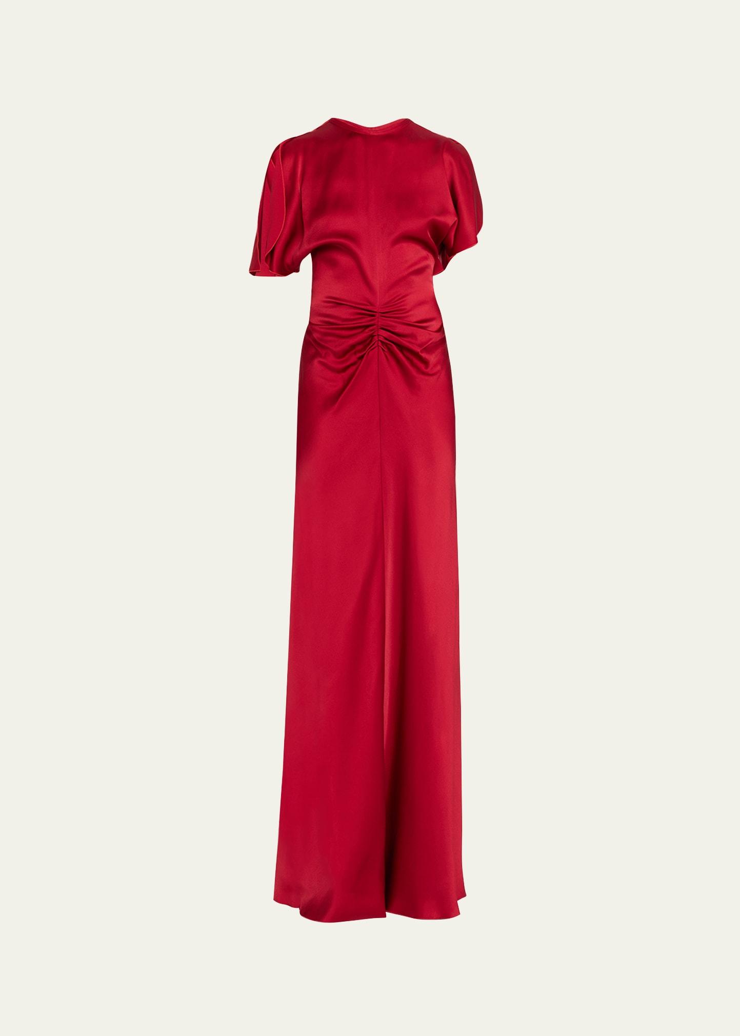 gathered waist satin gown