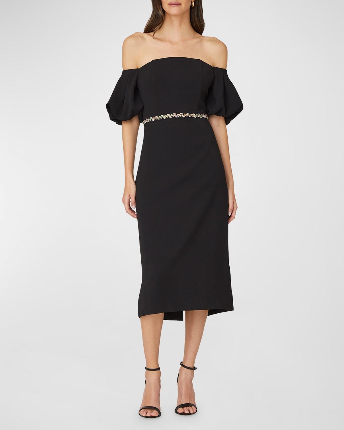 gem off-shoulder crystal midi dress