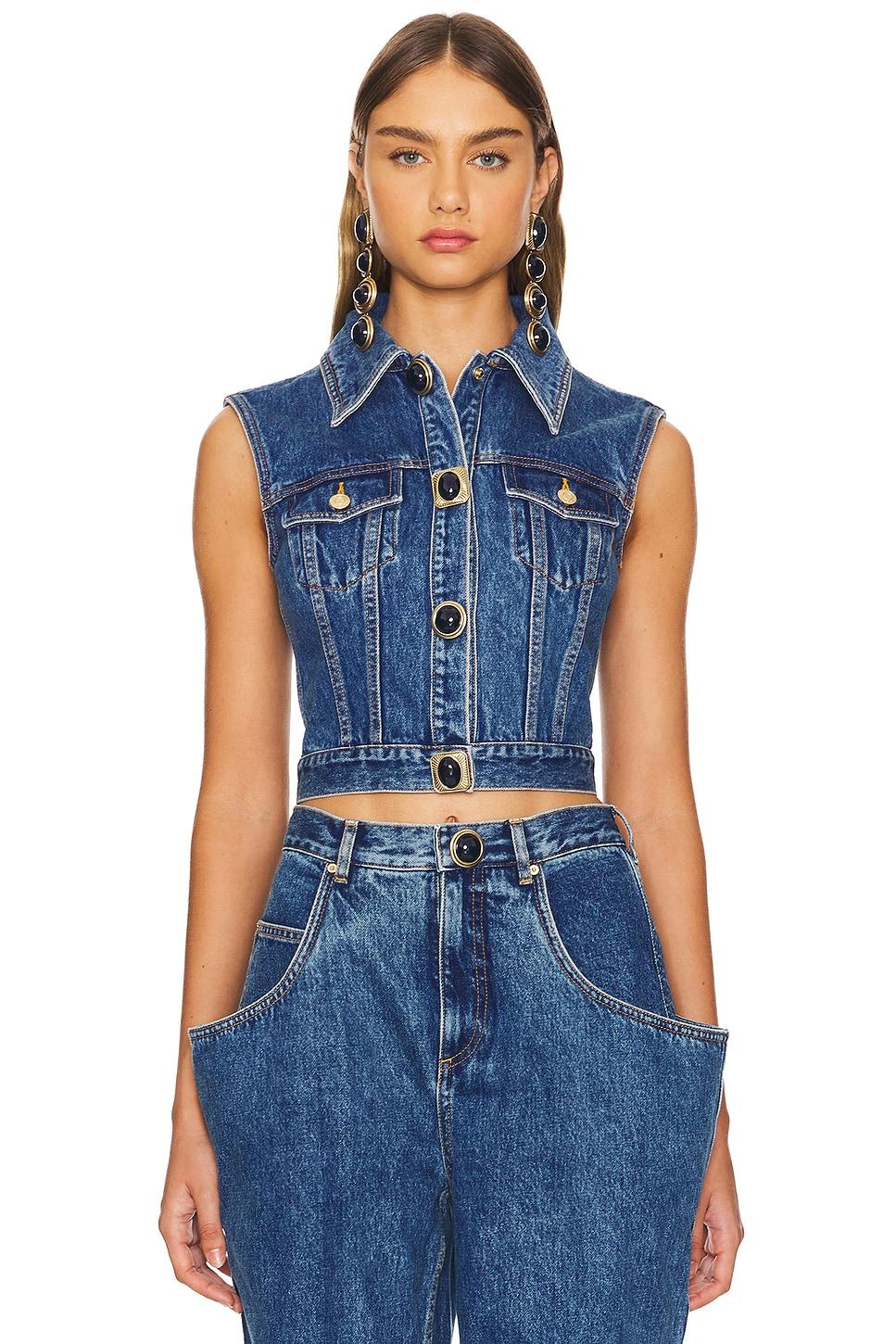 gemstone button denim gilet