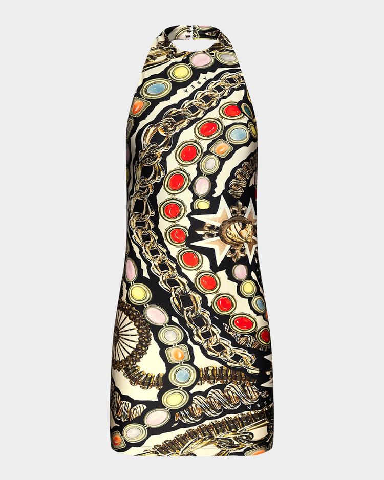 gemstone chain-print halter mini dress
