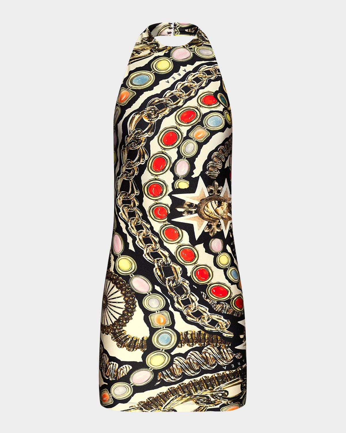 gemstone chain-print halter mini dress