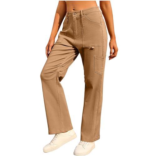 generic wide leg pants for women cotton business casual straight long trousers classic buttons palazzo pants with pockets khaki, medium