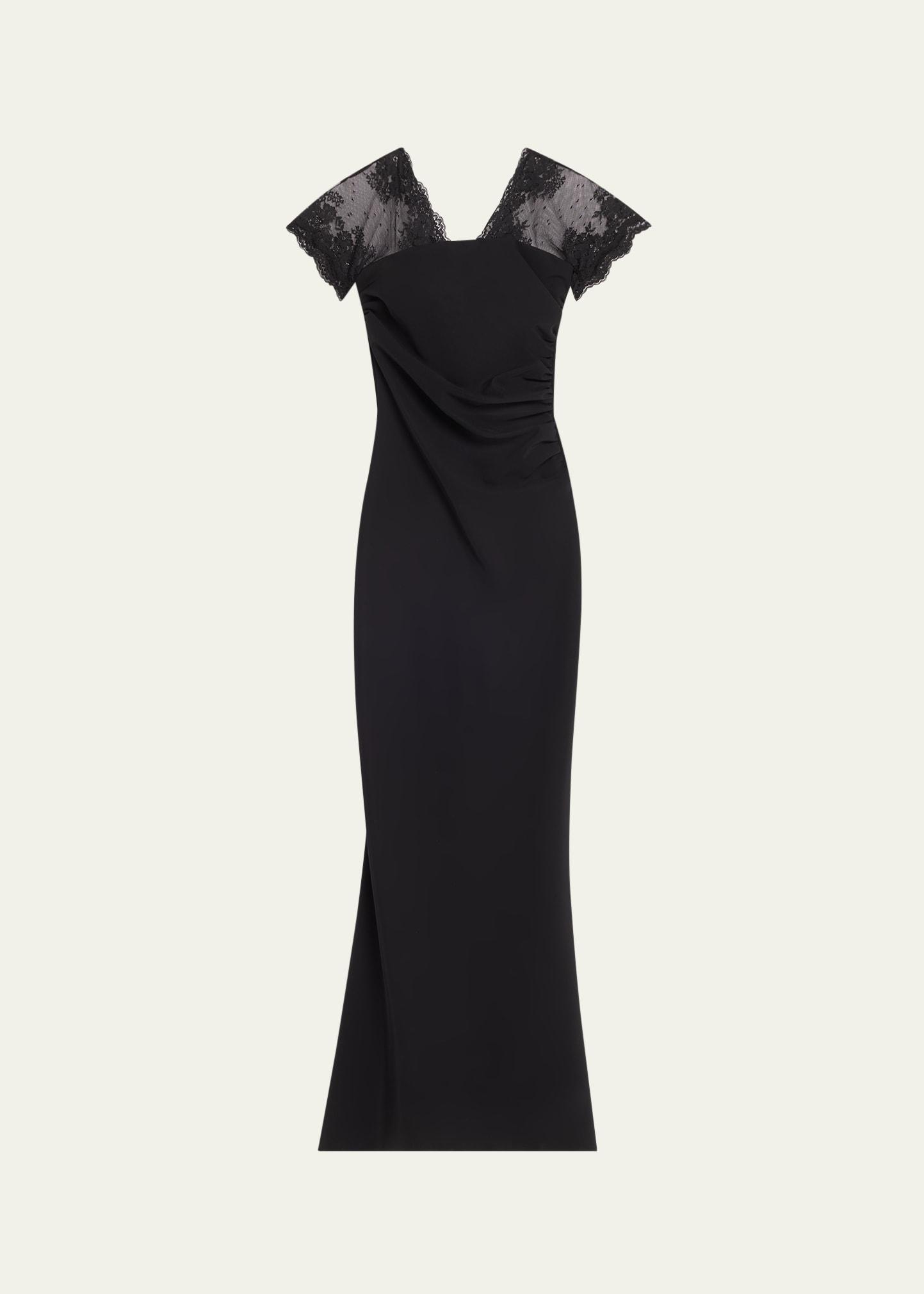 genic ruched lace-embellished mermaid gown