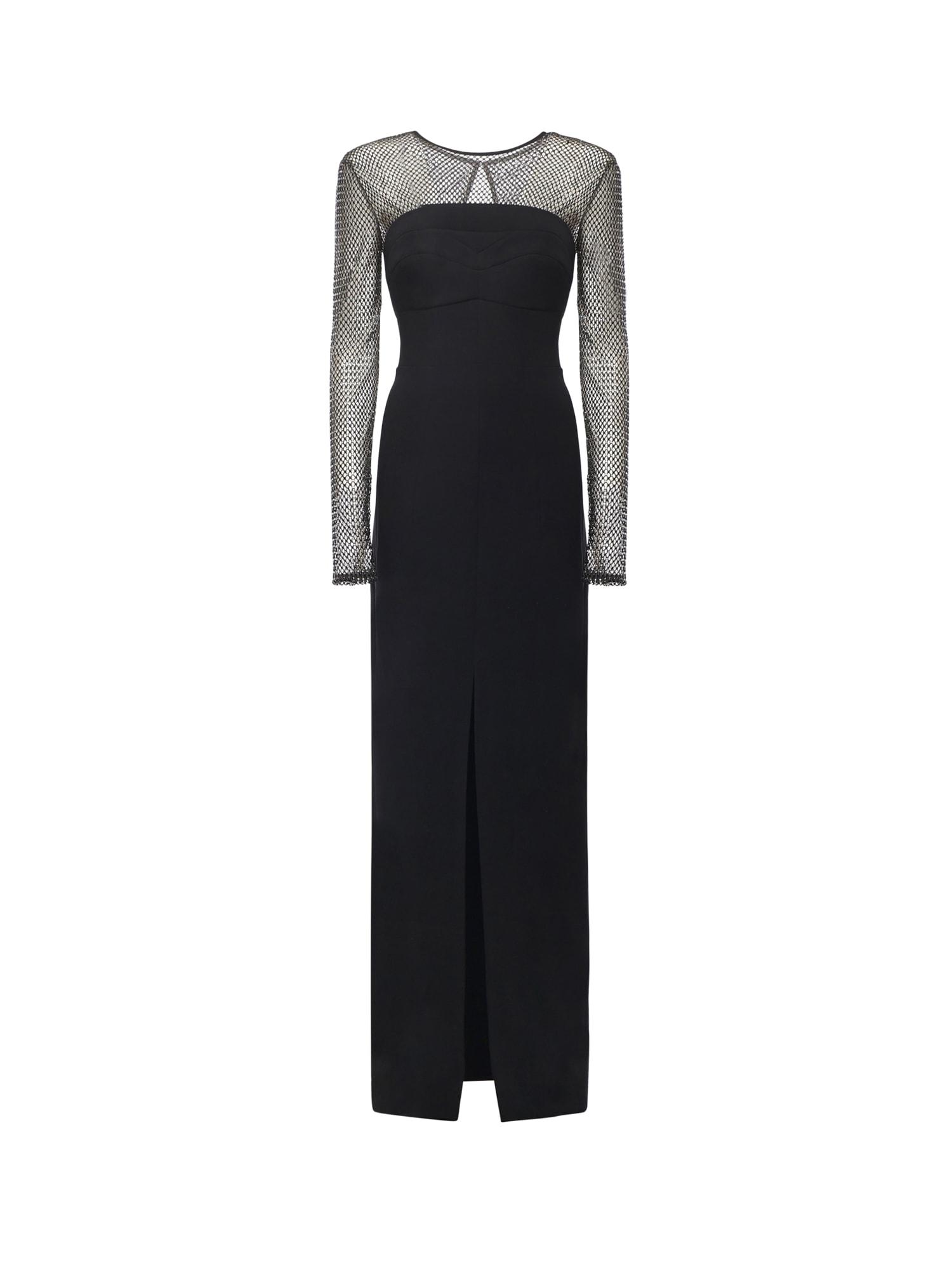 genny long dress with mesh sleeves and rhinestones